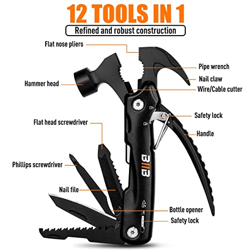 BIIB Camping Accessories 12 in 1 Hammer Multitool, Cool Stuff Gifts for Men, Fathers Gifts Tools Gadgets for Men, Birthday Gifts for Men, Camping Gear Gifts for Dad, Husband, Boyfriend, Grandpa