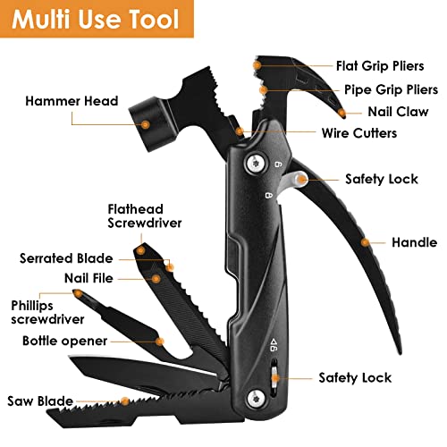 KEEGOP Hammer Multitool, 12 in 1 Portable Hammer Survival Gear Kit Camping Gear Cool Gadgets for Men Gift for Dad Father Boyfriend Husband, Survival Multitool Mini Pocket Hammer Black