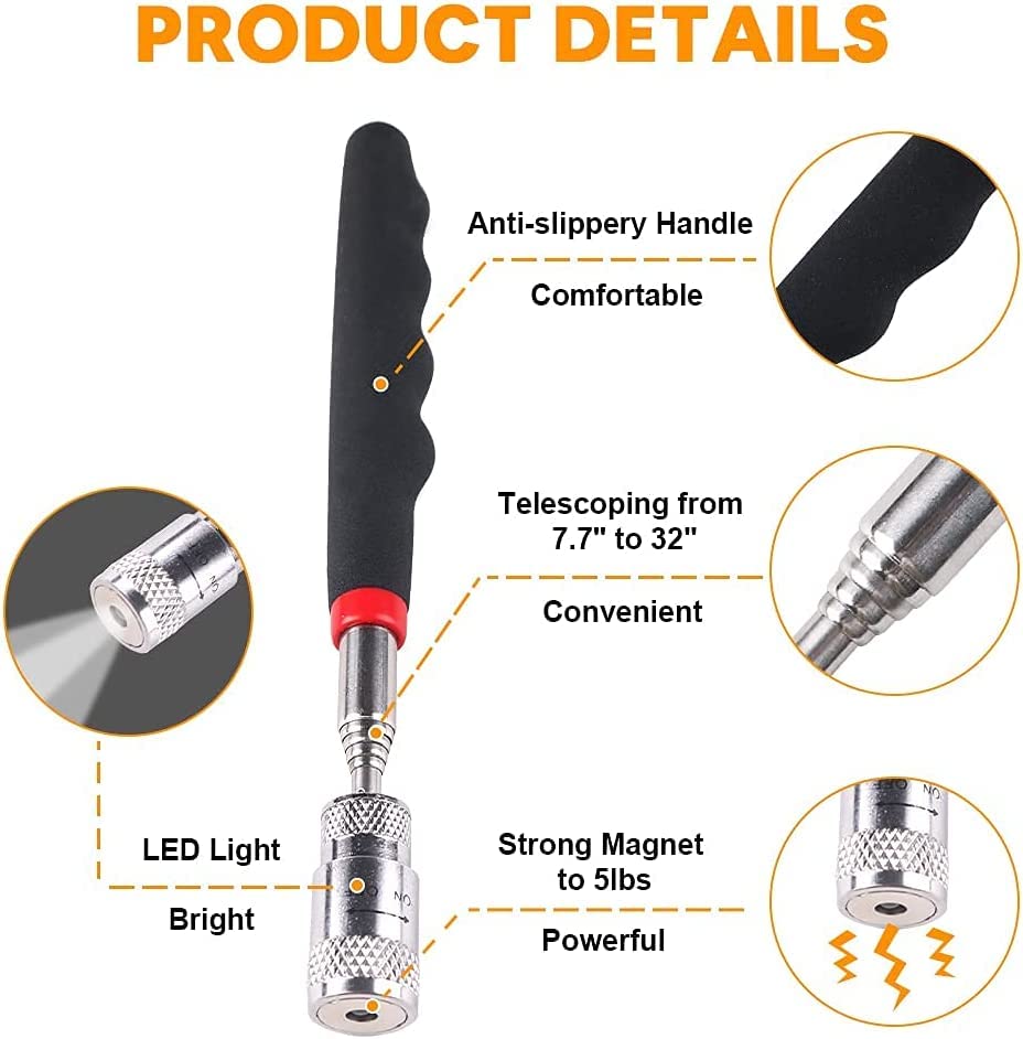 Dailymag Magnetic Wrist Holder and Retractable Magnetic Pick-Up Stick with LED, 2 in 1 Magnetic Tool Set, Tool Belt with Strong Magnets for Holding Screws/Nails/Drill, Ideal for Dad, Husband