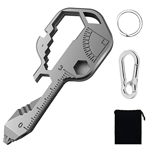 Generic 24- in-1 Key Shaped Pocket Tool, multitool key with key chain, Outdoor keychain tool for Drill Drive, Screwdriver, file, Wrench, Ruler, Bottle Opener,Wrench, Stripping, etc (Silver)