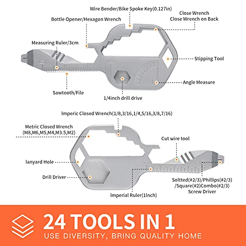 Generic 24- in-1 Key Shaped Pocket Tool, multitool key with key chain, Outdoor keychain tool for Drill Drive, Screwdriver, file, Wrench, Ruler, Bottle Opener,Wrench, Stripping, etc (Silver)