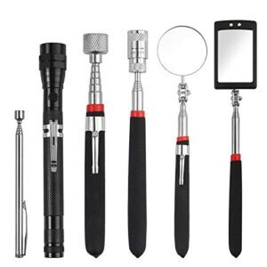 6pack telescoping magnetic pick-up tool with 15lb/1lb pick up rod, round and square 360° swivel adjustable inspection mirror and telescoping flexible led flashlight