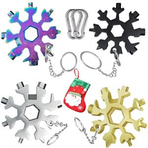 18-in-1 snowflake multi-tool stainless steel wrench pocket snowflake tool screwdriver kit bottle opener with carabiner for outdoor travel camping adventure gifts for men(4 pcack 4 colorful)