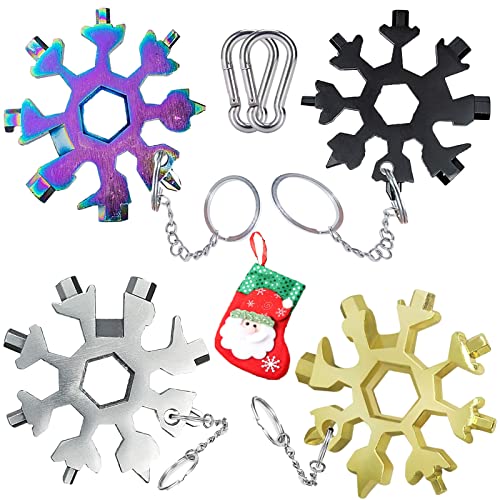 18-in-1 Snowflake Multi-Tool Stainless Steel Wrench Pocket Snowflake Tool Screwdriver Kit Bottle Opener with Carabiner for Outdoor Travel Camping Adventure Gifts for Men(4 Pcack 4 Colorful)