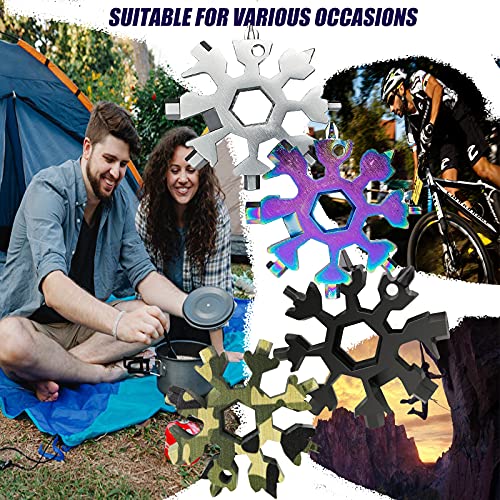 18-in-1 Snowflake Multi-Tool Stainless Steel Wrench Pocket Snowflake Tool Screwdriver Kit Bottle Opener with Carabiner for Outdoor Travel Camping Adventure Gifts for Men(4 Pcack 4 Colorful)