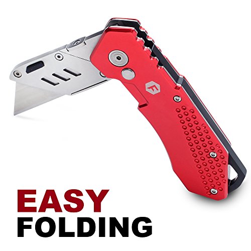 FC Folding Pocket Utility Knife - Heavy Duty Box Cutter with Holster, Quick Change Blades, Lock-Back Design, and Lightweight Aluminum Body