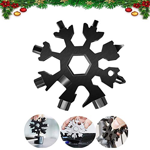 Snowflake Multitool, 1 Piece 18-in-1 Stainless Steel Snowflake Standard Multitool, Snowflake Wrench with Key Ring, Great for men Christmas Gift (1, Black)