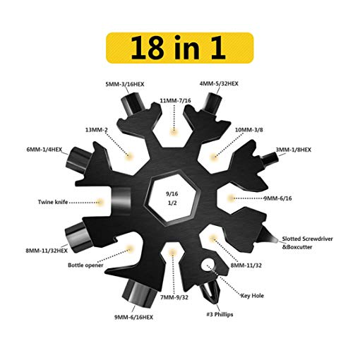 Snowflake Multitool, 1 Piece 18-in-1 Stainless Steel Snowflake Standard Multitool, Snowflake Wrench with Key Ring, Great for men Christmas Gift (1, Black)