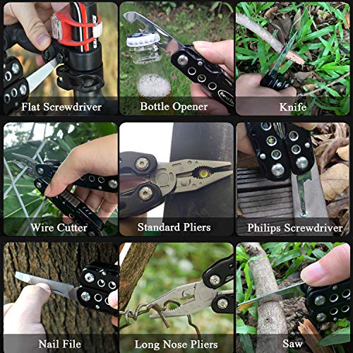 RoverTac Multitool Pliers Pocket Knife Camping Tool Gifts for Men 14 in 1 Multi Tool with Safety Lock Screwdrivers Saw Bottle Opener Durable Sheath Perfect for Camping Survival Hiking Simple Repairs