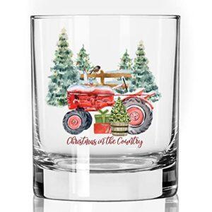 toasted tales merry christmas tractor christmas drinking glasses | 11 oz bourbon whiskey rock glass | novelty christmas whiskey tasting glasses | christmas home décor accessory | holiday glassware