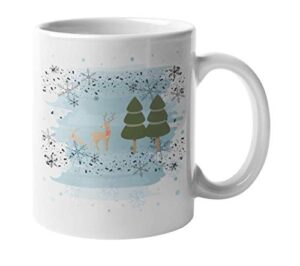 winter scene artwork snowflake and reindeer print snowy christmas coffee & tea mug cup, dinnerware, wintertime decor, cold weather stuff, items, things, stocking stuffers, and party favors (11oz)
