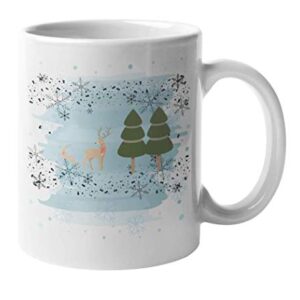 Winter Scene Artwork Snowflake And Reindeer Print Snowy Christmas Coffee & Tea Mug Cup, Dinnerware, Wintertime Decor, Cold Weather Stuff, Items, Things, Stocking Stuffers, And Party Favors (11oz)
