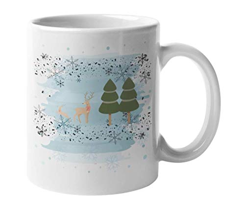 Winter Scene Artwork Snowflake And Reindeer Print Snowy Christmas Coffee & Tea Mug Cup, Dinnerware, Wintertime Decor, Cold Weather Stuff, Items, Things, Stocking Stuffers, And Party Favors (11oz)