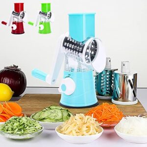 rotary cheese grater with handle for fruit,vegetables,nuts, 3 in 1 multifunctional kitchen square drum vegetable cutter & round mandoline slicer nuts grinder with 3 interchangeable blades (blue)