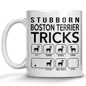 stubborn boston terrier tricks, awesome dog fetch mug, dog mom dad, paw pet lovers, dog trainer cup, coffee dog mug, mothers day, fathers day, christmas birthday gifts