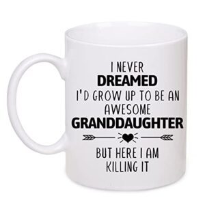 Granddaughter Mug 11OZ, I Never Dreamed I'd Grow Up To Be AN AWESOME granddaughter But Here I Am Killing It! Funny Cool Mugs, Cool Coffee Mug Gift for family and friends, Christmas, Thanksgiving