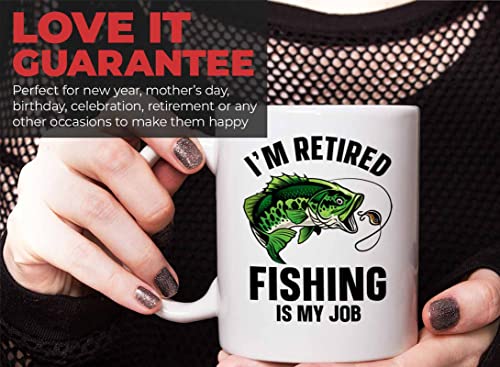 Fisher Coffee Mug 11oz White - i'm retired fishing is my job - Bass Fishing Spooler Boat Lovers Lures Rod Funny Fisherman Joke Retirement Grandpa