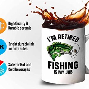 Fisher Coffee Mug 11oz White - i'm retired fishing is my job - Bass Fishing Spooler Boat Lovers Lures Rod Funny Fisherman Joke Retirement Grandpa