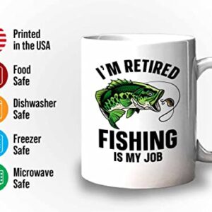 Fisher Coffee Mug 11oz White - i'm retired fishing is my job - Bass Fishing Spooler Boat Lovers Lures Rod Funny Fisherman Joke Retirement Grandpa