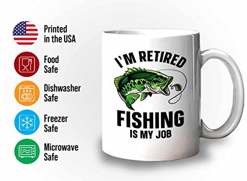 Fisher Coffee Mug 11oz White - i'm retired fishing is my job - Bass Fishing Spooler Boat Lovers Lures Rod Funny Fisherman Joke Retirement Grandpa