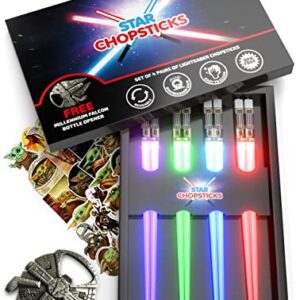 STAR CHOPSTICKS | FREE BOTTLE OPENER & STICKERS | 4 PAIRS DARK BOX | Lightsaber Chopsticks | Star Wars Gifts and Toys for Kids | LED Light Up Reusable Chopstick