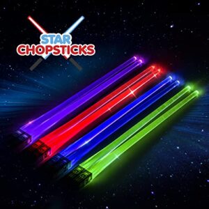STAR CHOPSTICKS | FREE BOTTLE OPENER & STICKERS | 4 PAIRS DARK BOX | Lightsaber Chopsticks | Star Wars Gifts and Toys for Kids | LED Light Up Reusable Chopstick