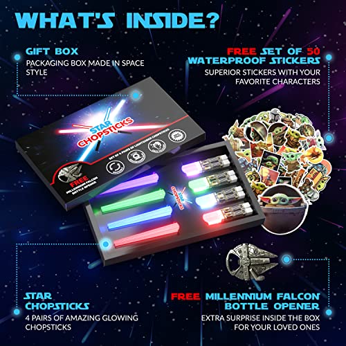 STAR CHOPSTICKS | FREE BOTTLE OPENER & STICKERS | 4 PAIRS DARK BOX | Lightsaber Chopsticks | Star Wars Gifts and Toys for Kids | LED Light Up Reusable Chopstick