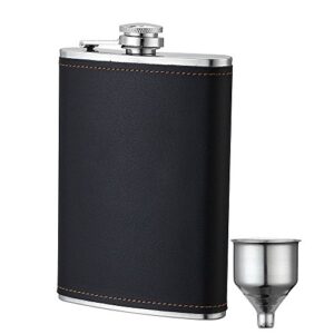 ywq flask for liquor and funnel ,8 oz leak proof stainless steel pocket hip flask with black leather cover for discrete shot drinking of alcohol, whiskey, rum and vodka, gift for men