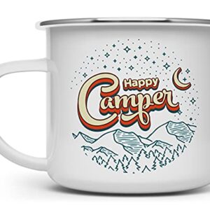 Happy Camper Enamel Mug, Outdoor Camping Coffee Cup, Hiking Mountain Nature Lover Gift (16oz)