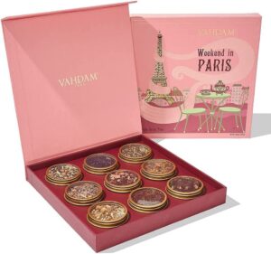 vahdam, weekend in paris tea gift sets | 9 assorted herbal teas, chai teas & black teas in a travel edition gift box| natural ingredients | luxury gift for women | festive tea gifts