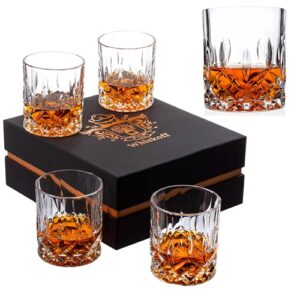 𝗟𝗨𝗫𝗨𝗥𝗬 gifts for men dad – crystal whiskey glasses – set of 4 rocks glasses in satin-lined gift box – old fashioned whisky lowball bar tumblers barware for drinking bourbon, scotch, whisky