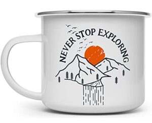 never stop exploring enamel campfire mug, outdoor enthusiast camping coffee cup, wanderlust mountain nature hiking camp lover gift (16oz)