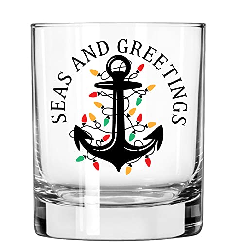 Toasted Tales Seas And Greetings Christmas Drinking Glasses | 11 oz Bourbon Whiskey Rock Glass | Novelty Christmas Whiskey Tasting Glasses | Christmas Home Décor Accessory | Holiday Glassware