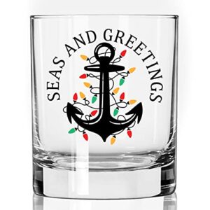 Toasted Tales Seas And Greetings Christmas Drinking Glasses | 11 oz Bourbon Whiskey Rock Glass | Novelty Christmas Whiskey Tasting Glasses | Christmas Home Décor Accessory | Holiday Glassware