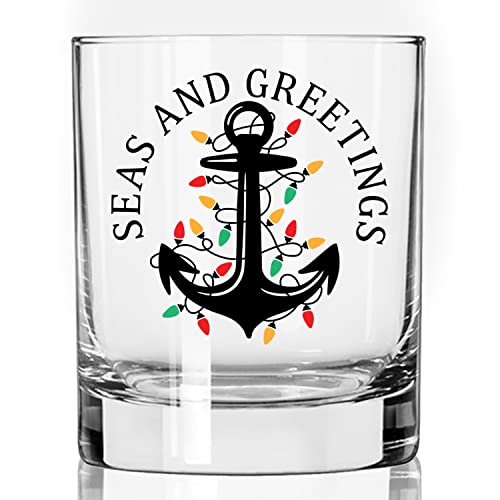 Toasted Tales Seas And Greetings Christmas Drinking Glasses | 11 oz Bourbon Whiskey Rock Glass | Novelty Christmas Whiskey Tasting Glasses | Christmas Home Décor Accessory | Holiday Glassware