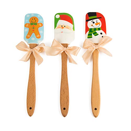 Silicone Spatula, Caliamary 3 Pieces Kitchen Silicone Spatula Set, Christmas Cake Decorating Spatula with Wooden Handle, Snowman Gingerbread Man and Santa Claus Pattern