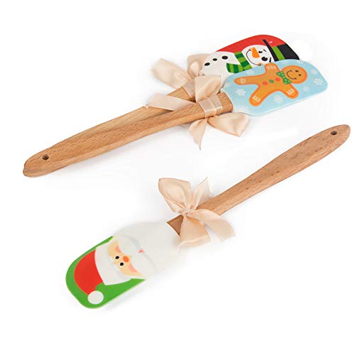 Silicone Spatula, Caliamary 3 Pieces Kitchen Silicone Spatula Set, Christmas Cake Decorating Spatula with Wooden Handle, Snowman Gingerbread Man and Santa Claus Pattern