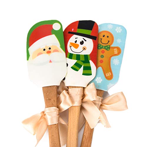 Silicone Spatula, Caliamary 3 Pieces Kitchen Silicone Spatula Set, Christmas Cake Decorating Spatula with Wooden Handle, Snowman Gingerbread Man and Santa Claus Pattern