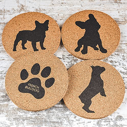 Greenline Goods French Bulldog Lovers Cork Drink Coasters - Set of 4 Dog Coasters with Protective Bottom - French Bulldog Decor Coasters for Drinks - Frenchie Gift Idea for French Bulldog Moms & Dads