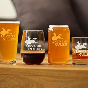 Buck the Rules - Funny Horse Beer Can Pint Glass Gifts for Men & Women - Fun Unique Equestrian Decor