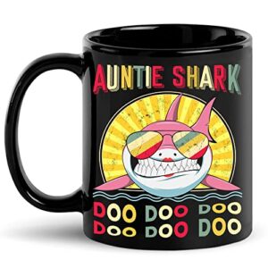 vintage auntie shark mug, doo doo doo, family shark, new aunt, autie, gifts for auntie from niece nephew, mothers day, st patricks day, christmas, xmas, birthday gifts black coffee mug