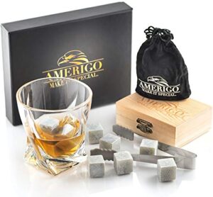 luxury whiskey stones gift set – set of 9 whiskey rocks – reusable ice cubes for drinks – great whiskey gift for man – handcrafted whisky stones set – chilling stones + ice tongs + 2 classy coasters