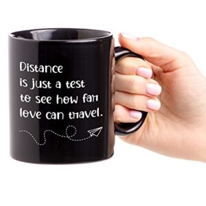 Personalized Long Distance Friendship Coffee Mug, Customized Best Friend Mugs, Distance is Just a Test, Custom Names, State to State, Long Distance Family Relationship Gifts Black Coffee Mug