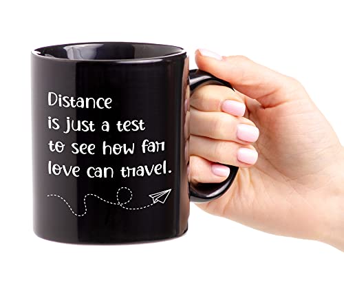 Personalized Long Distance Friendship Coffee Mug, Customized Best Friend Mugs, Distance is Just a Test, Custom Names, State to State, Long Distance Family Relationship Gifts Black Coffee Mug