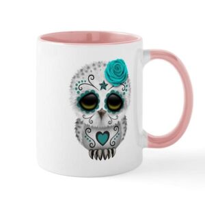 cafepress cute teal blue day of the dead sugar skull owl mug ceramic coffee mug, tea cup 11 oz