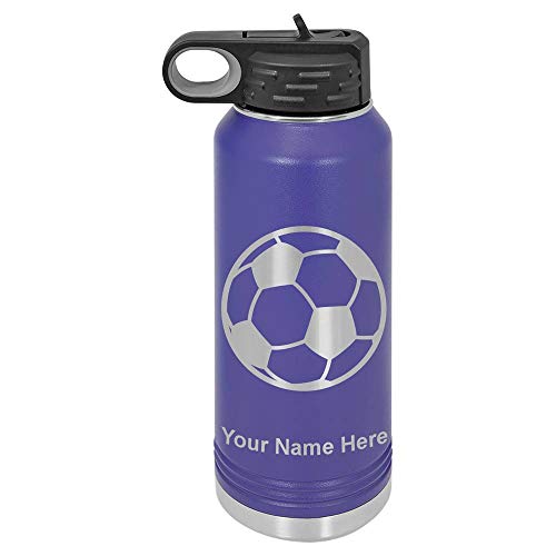 LaserGram 32oz Double Wall Flip Top Water Bottle With Straw, Soccer Ball, Personalized Engraving Included (Dark Purple)