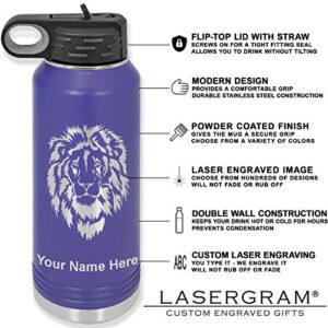 LaserGram 32oz Double Wall Flip Top Water Bottle With Straw, Soccer Ball, Personalized Engraving Included (Dark Purple)