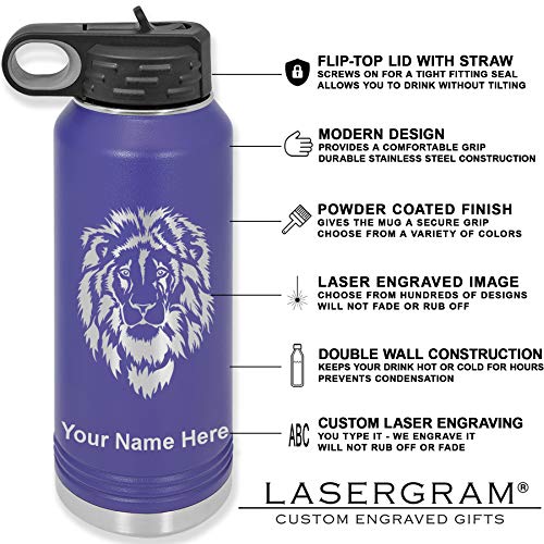 LaserGram 32oz Double Wall Flip Top Water Bottle With Straw, Soccer Ball, Personalized Engraving Included (Dark Purple)