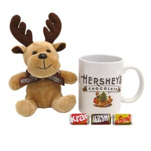christmas coffee mug with reindeer, hot chocolate gift set, ceramic cup with mini cocoa bar chocolate candy