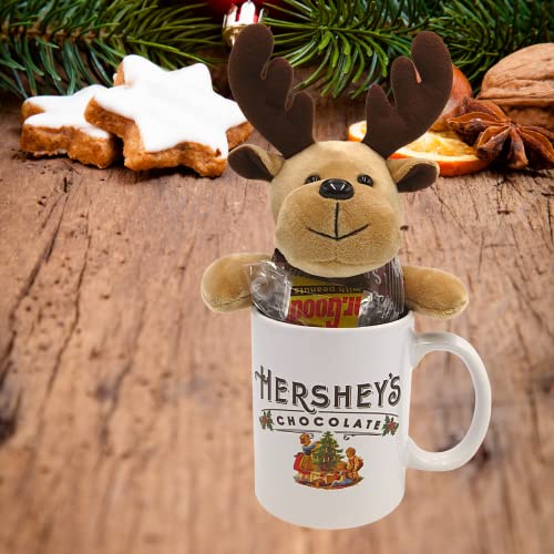 Christmas Coffee Mug with Reindeer, Hot Chocolate Gift Set, Ceramic Cup with Mini Cocoa Bar Chocolate Candy